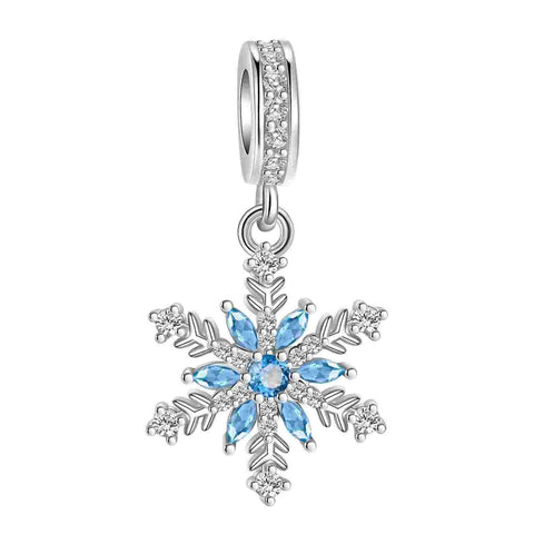 Sterling silver snowflake charm with blue and white cubic zirconia, fits Pandora bracelets
