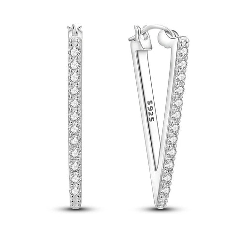 Stunning Sterling Silver Diamond Pave V Hoop Earrings - Sterling silver V-shaped hoop earrings with diamond pave.