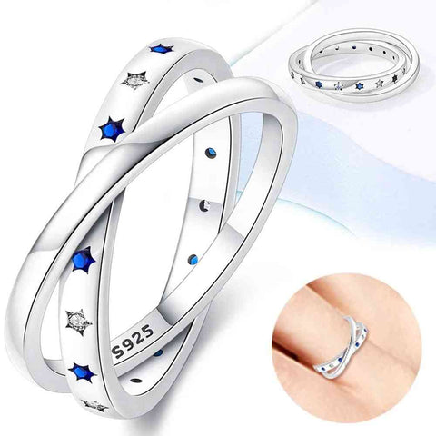 Silver Double Ring blue crystal Stars - Silver Double Ring with blue and crystal Stars