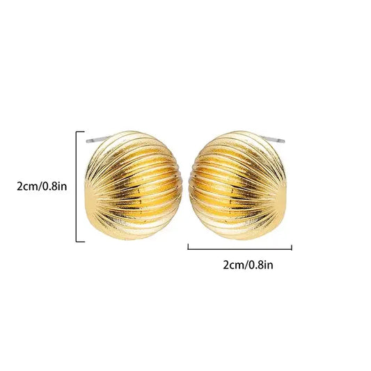 Gold shell stud earrings measuring cm in height and width, displayed with dimensions.