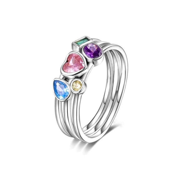 🌈 Sterling Silver Multicolor Gemstone Stackable Ring - Pink Heart  💎 - Sterling Silver Multicolor Gemstone Stackable Ring - Pink Heart