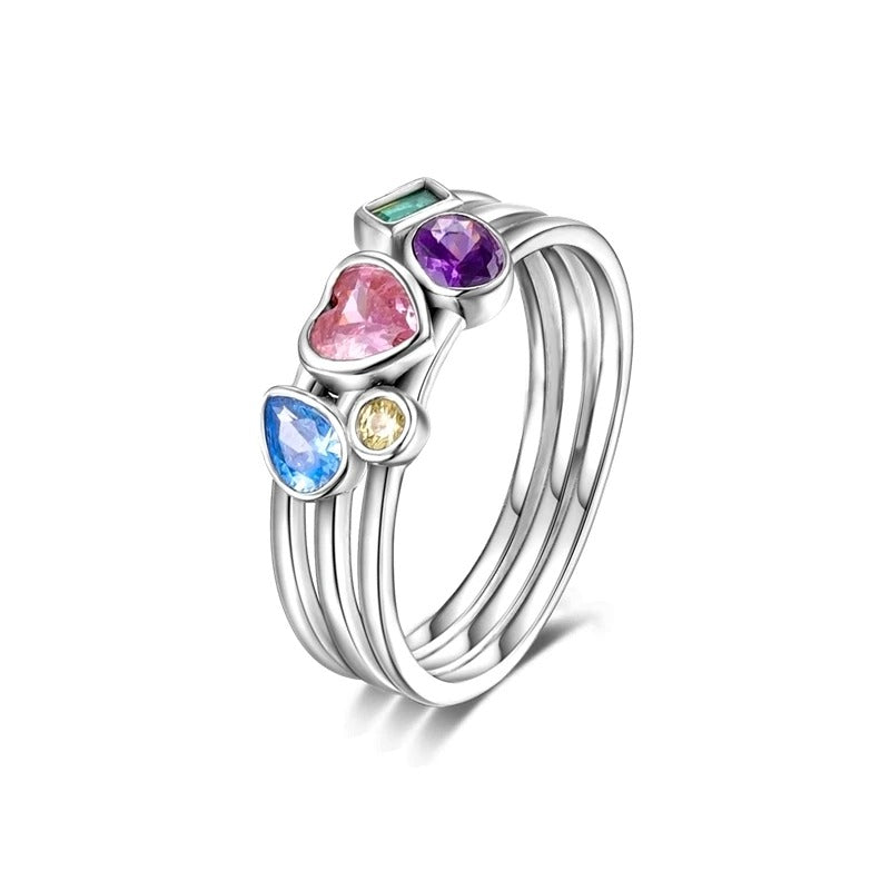 Sterling Silver Multicolor Gemstone Stackable Ring - Pink Heart