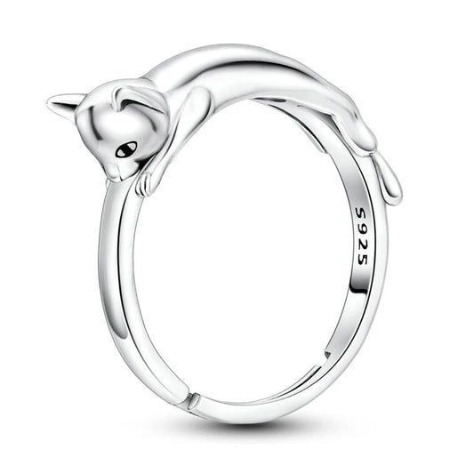 Sterling Silver Cat Ring - Sleeping Cat in a silver band