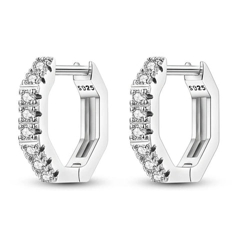 Elegant Octagon Hoop Earrings Sparkling Accents - Pair of octagon-shaped hoop earbands made from sterling silver.