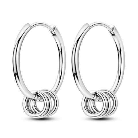 Classic Hoop Earrings Triple Ring Accents - Pair of classic hoop earbands made from sterling silver.