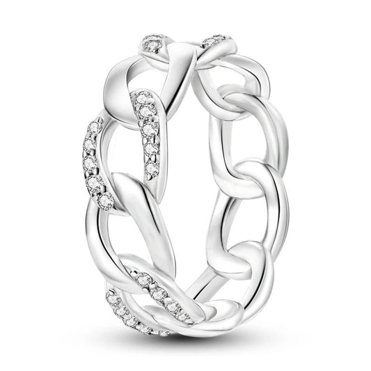 Sterling Silver Link Chain Ring with Crystals