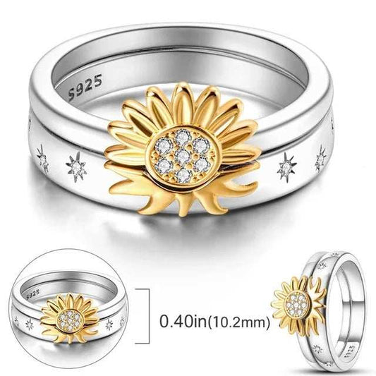 Silver Sunflower Wide Ring with Stars