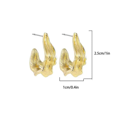 Gold Wave Hoop Earrings - Artistic Jewelry Design - Gold wave hoop earrings measuring .cm in height and cm in width, displayed with dimensions.