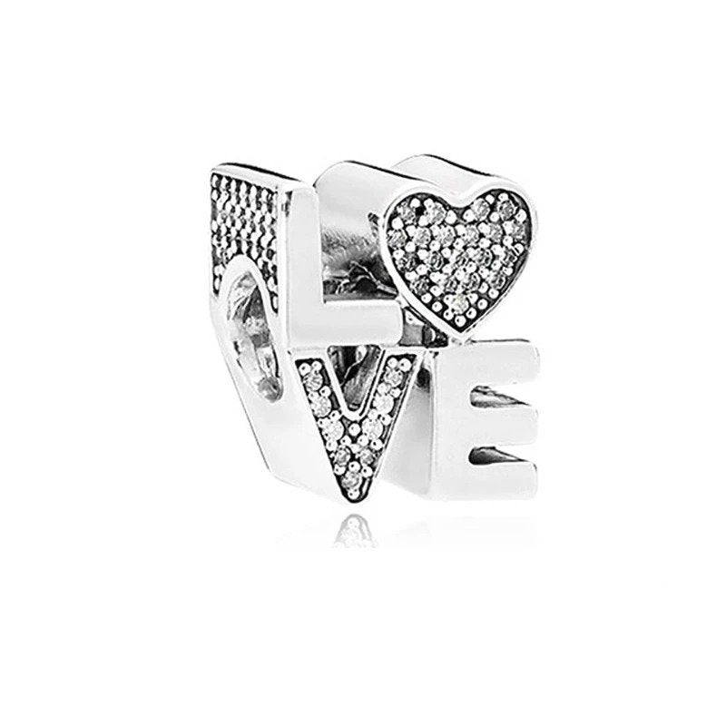 Sterling silver "LOVE" charm with cubic zirconia, fits Pandora bracelets